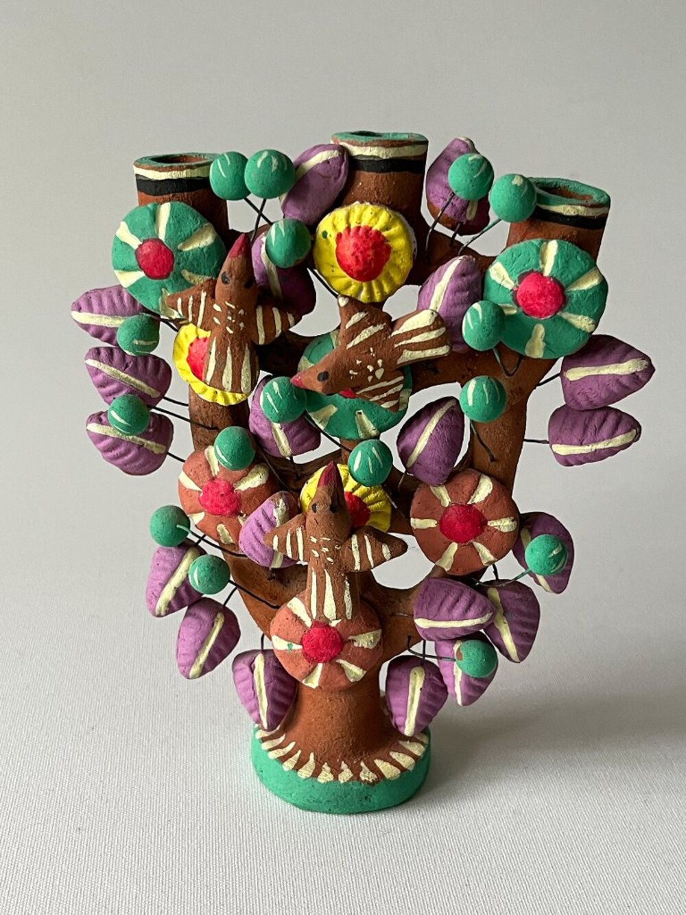Vintage Mexican Folk Art Pottery Tree of Life Candelabra Colorful Birds Flower